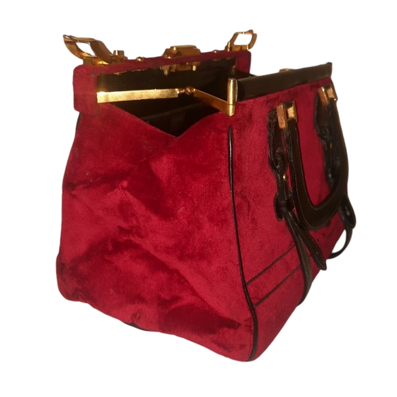 CESARE PICCINI Vintage Velvet Satchel w/ Leather Trim Red/Blk Gold HW - Picture 10 of 13